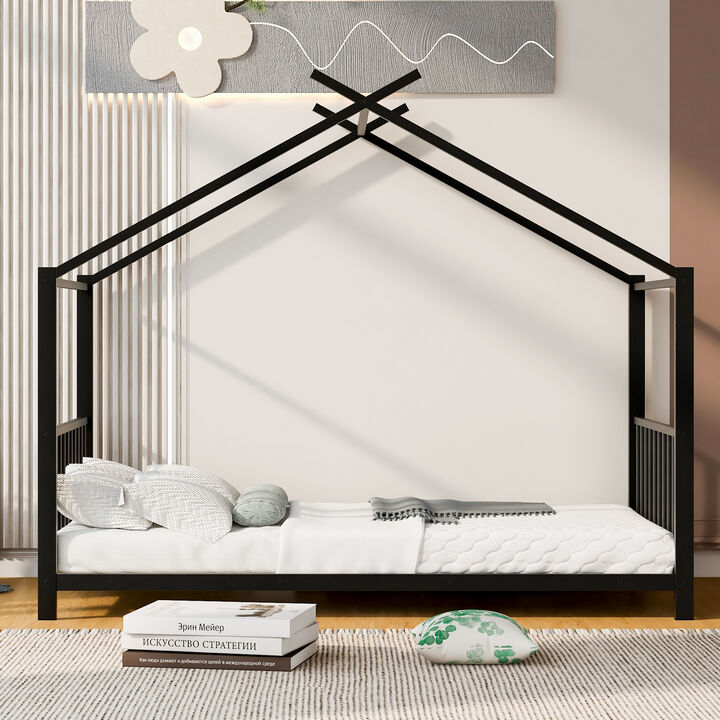 Whisen Twin Size Metal House Bed, No Box Spring Required, for Kids Bedroom