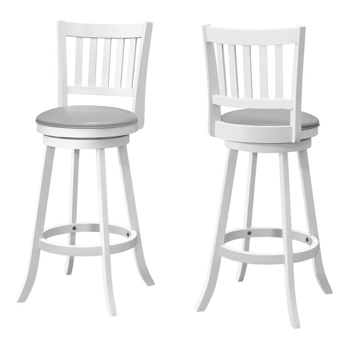 Monarch Specialties I 1238 Bar Stool, Set Of 2, Swivel, Bar Height, Wood, Pu Leather Look, White, Grey, Transitional