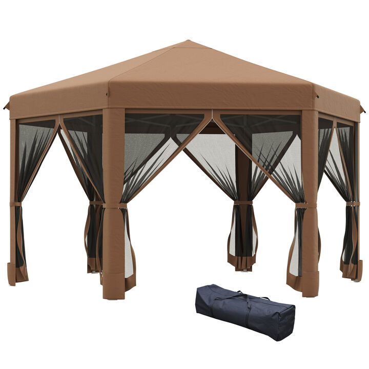 Outsunny 13' x 11' Hexagonal Pop Up Gazebo, Heavy Duty Outdoor Canopy Tent with 6 Mesh Sidewall Netting, 3-Level Adjustable Height and Strong Steel Frame, Brown