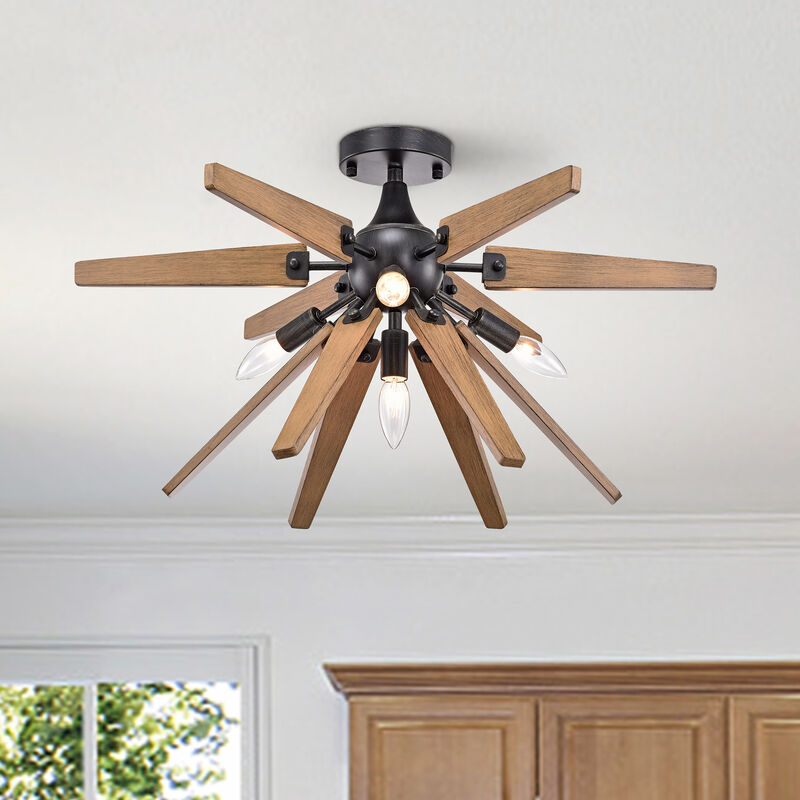 Nerea 4-Light Antique Black Finish Sputnik Natural Wood Flush Mount image number 1