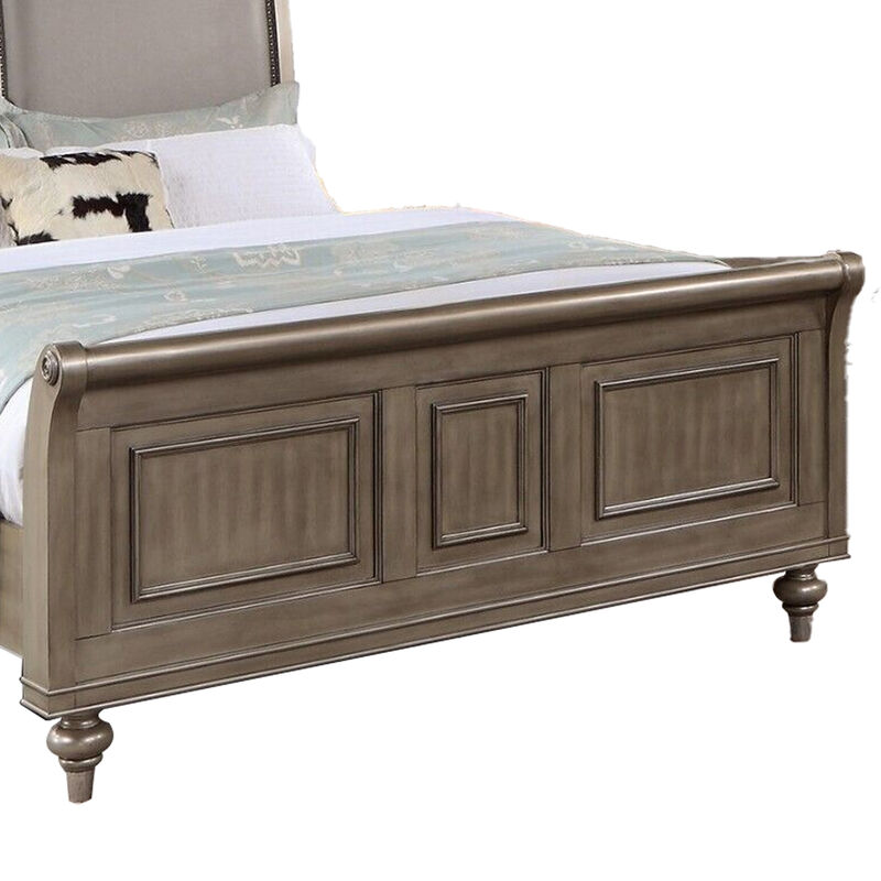 Ella Modern Queen Size Bed, Faux Leather Upholstery, Nailhead Trim, Gold - Benzara