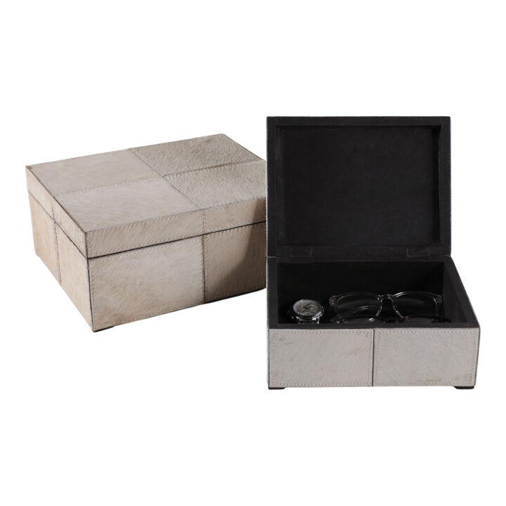 S/2 9/12" Hair On Hide Patchwork Boxes, Ivory/tan