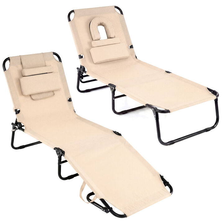 Set of 2 Folding Tanning Chairs with Face Hole and 3 Removable Pillows