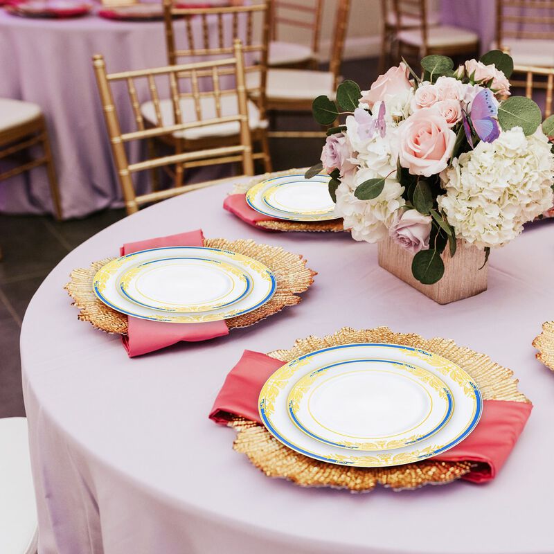 White with Blue and Gold Harmony Rim Plastic Dinnerware Value Set (40 Sets) image number 1