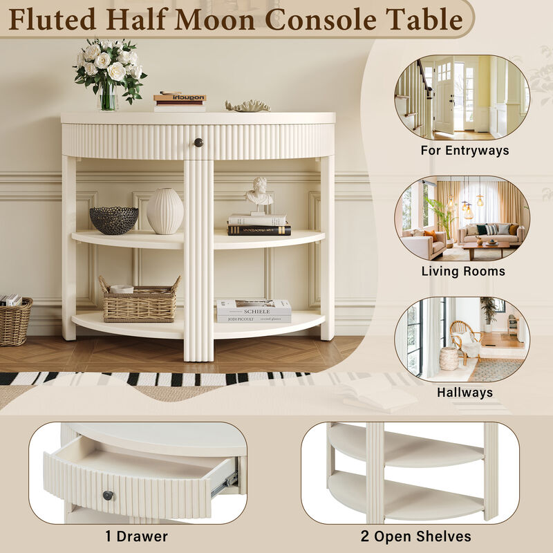 Whisen Half Moon Console Table, Fluted Wooden Entryway Table with Drawer & 2 Shelves, Solid Wood & MDF for Living Room Hallway image number 3
