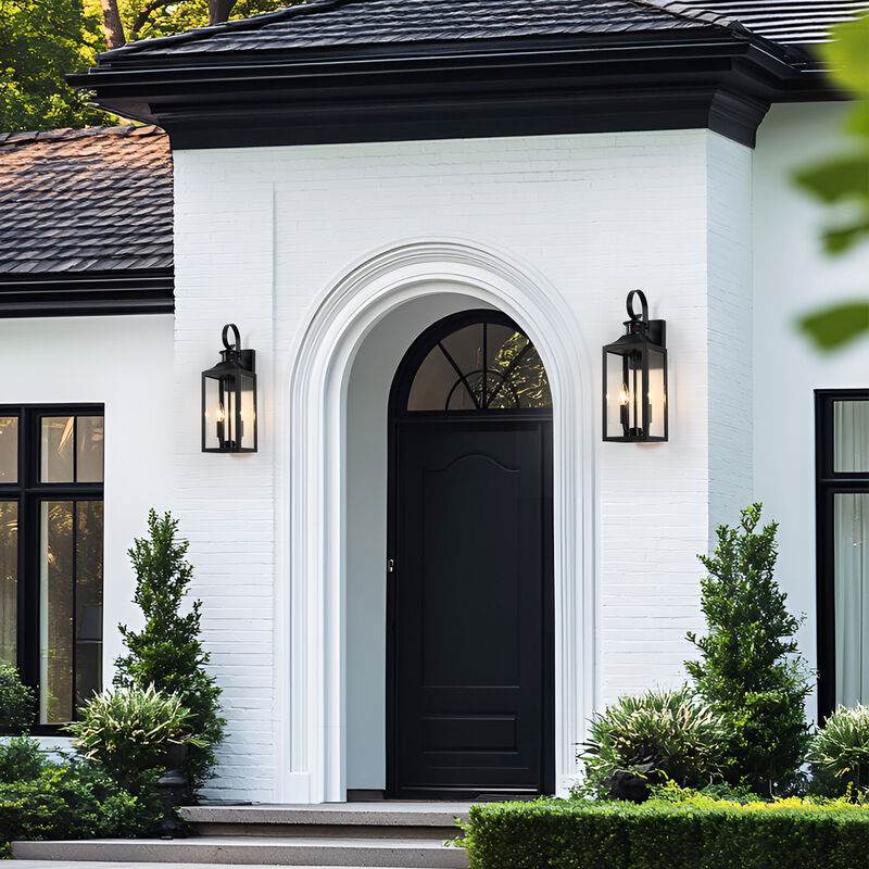 19 in. Modern Farmhouse Black 2-Light Dusk-to-Dawn Motion Sensor Outdoor Wall Lantern with Clear Glass Shade image number 7