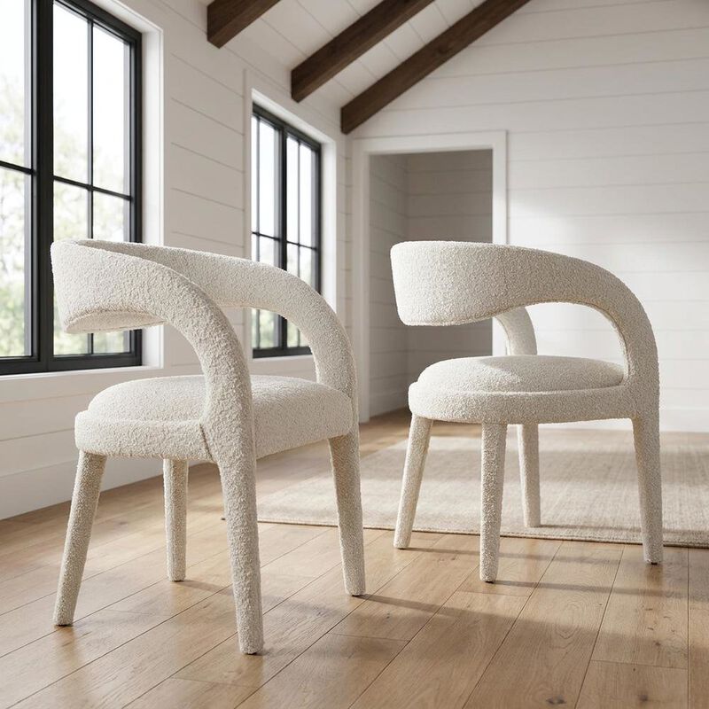 Boucle Upholstered Dining Chairs with Arms for Dining Room, Ivory, Set of 2 image number 4