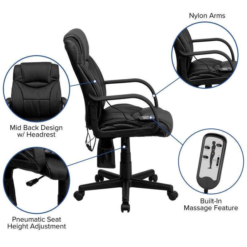 Laverne Mid-Back Ergonomic Massaging Black LeatherSoft Executive Swivel Office Chair with Arms image number 3