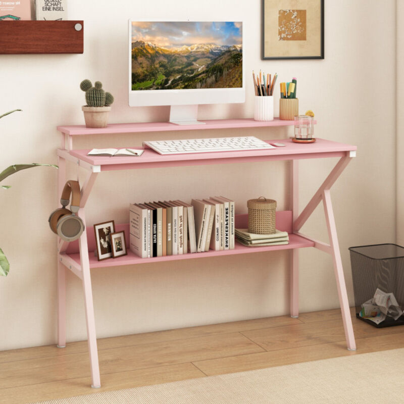 Small Space Computer Desk with Monitor Stand and Storage Shelf for Work and Study image number 4