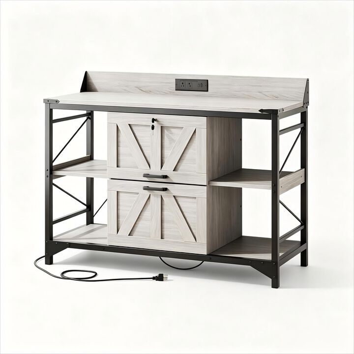 44"W File Cabinet, Lateral Filing Cabinet with 4 Shelves and 2 Drawers, Office Storage Cabinet with Lock & Charging Station, Wooden Printer Stand