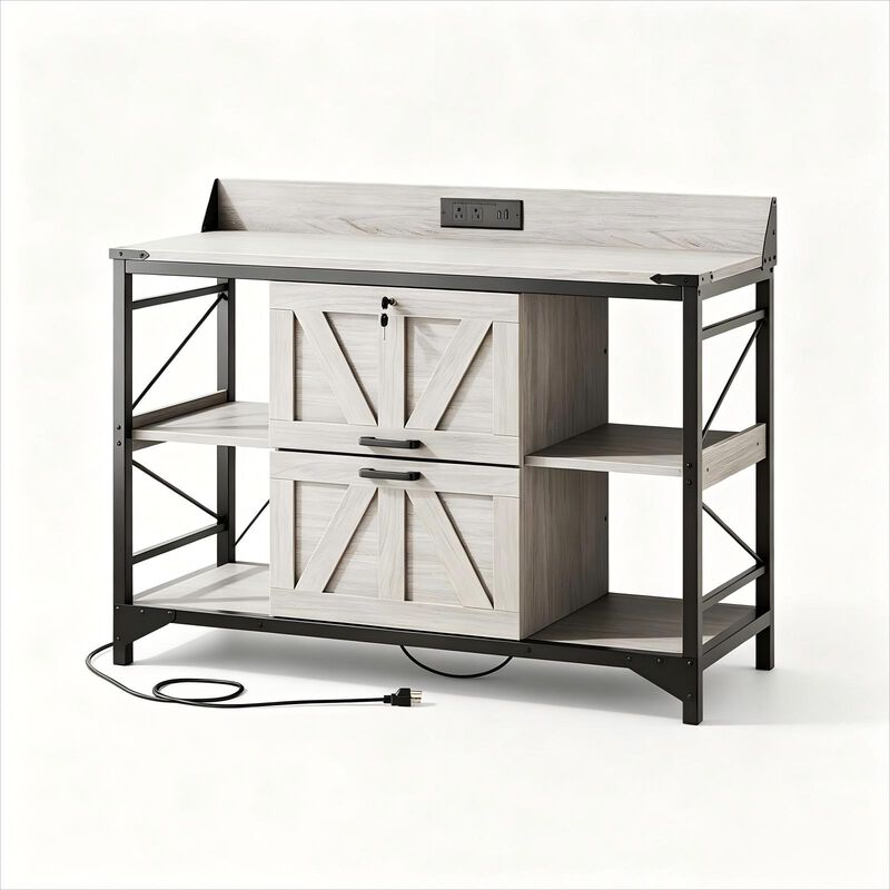 44"W File Cabinet, Lateral Filing Cabinet with 4 Shelves and 2 Drawers, Office Storage Cabinet with Lock & Charging Station, Wooden Printer Stand image number 0