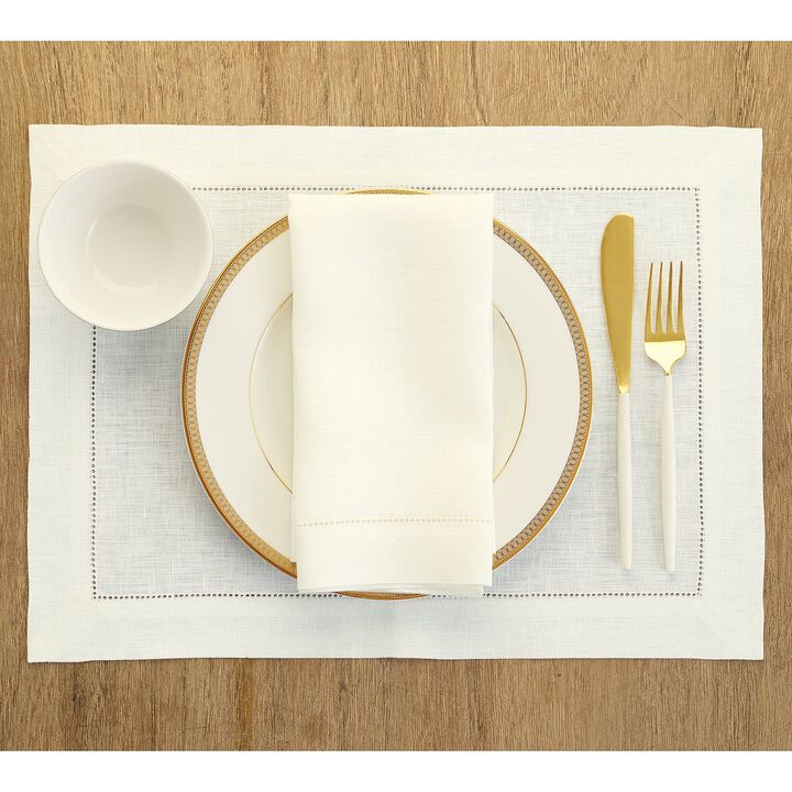Solino Home 100% Pure Linen Placemats 14 x 19 Inch Set of 4 - Classic Hemstitch