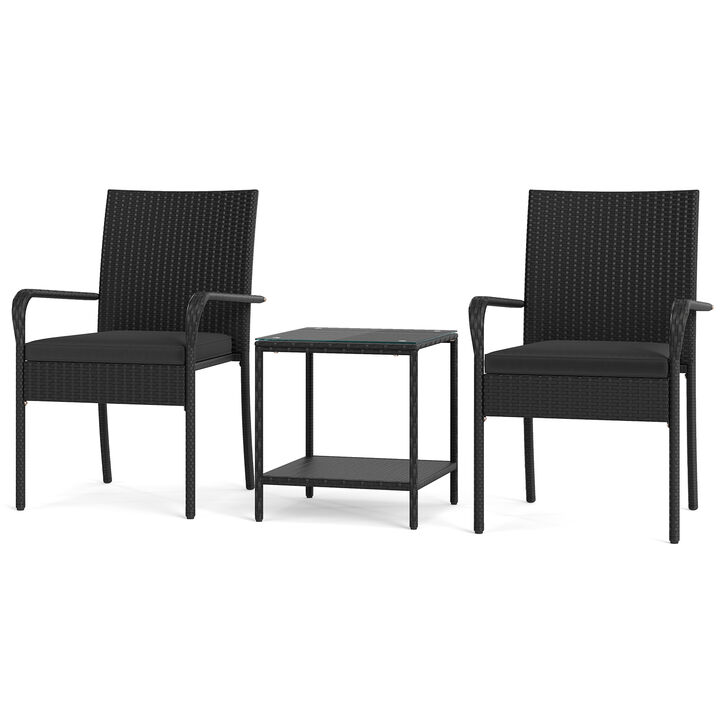 Outdoor 3 Piece Patio Furniture Set with Cushions and Tempered Glass Table