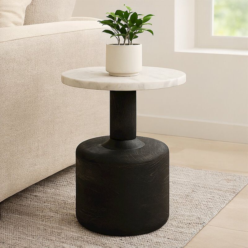 Caspian Side Table with White Marble Top in Distressed Black