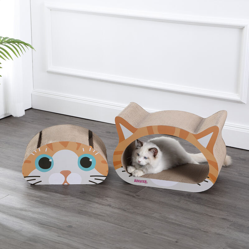 Opal Modern Cardboard Happy Cat Head 2-in-1 Cat Cave Scratcher with Built-In Bell Toys and Catnip