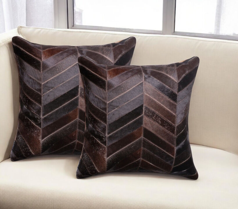 HomeRoots Set of Two 18" Chocolate Chevron Cowhide Throw Pillows