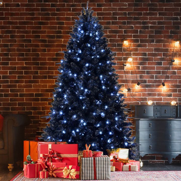 8 ft. Black Christmas Tree Pre Lit with 600 White LED Lights PE PVC Hinged 2486 Tips with Metal Stand