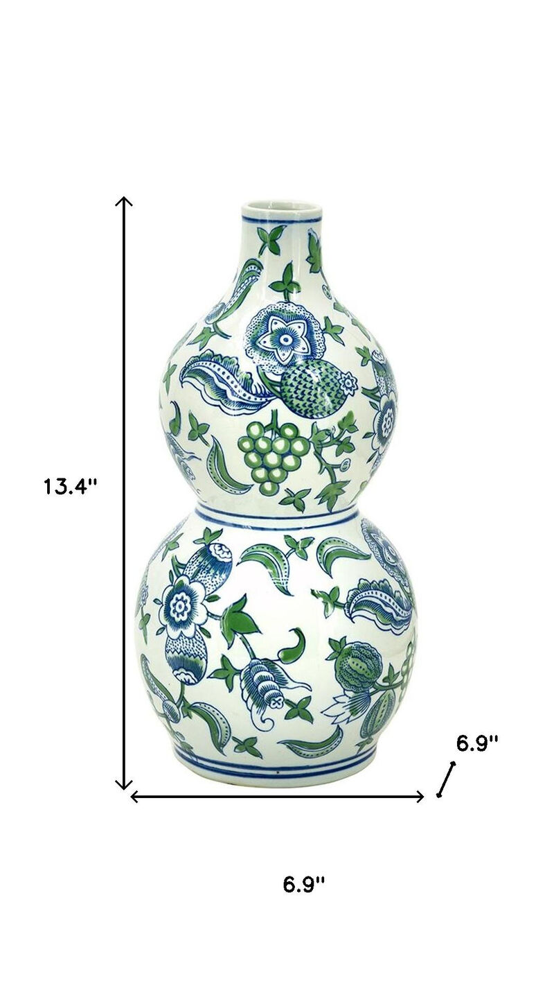 HomeRoots 13" White Blue And Green Chinoiserie Porcelain Wavy Gourd Table Vase image number 5