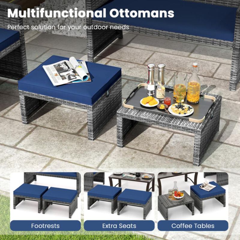 Hivvago 2 Pieces Patio PE Rattan Ottomans with Soft Zippered Cushions for Deck