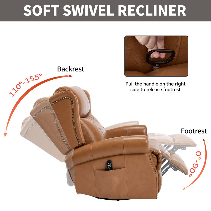 Genuine leather Heat Massage Manual Recliner Chair with Rocker and Swivel for Living Room image number 8