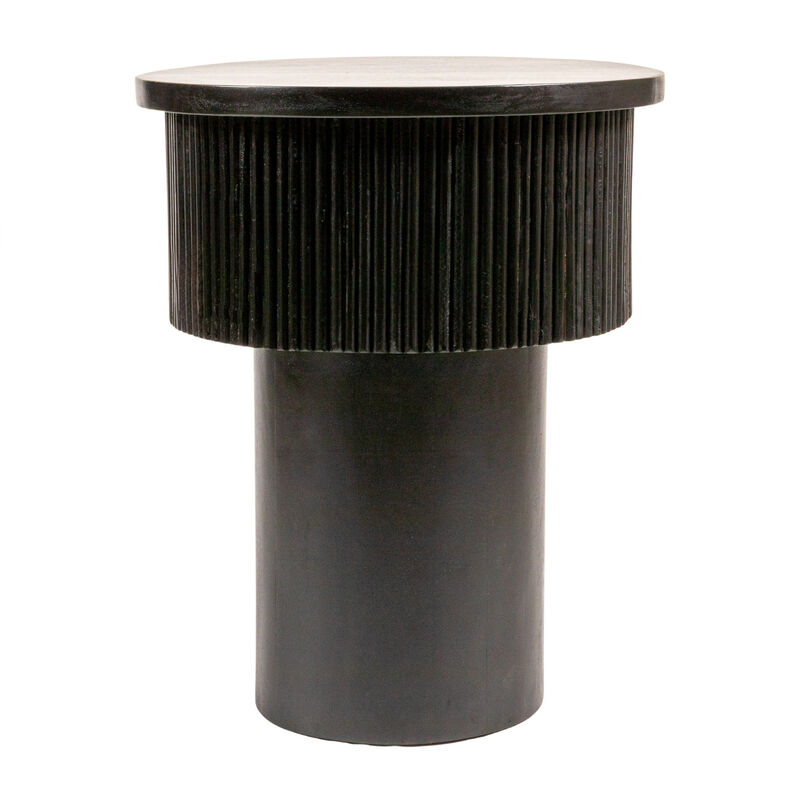 Round Mango Wood Tiered Pedestal Side Table with Ribbed Details, Black image number 3