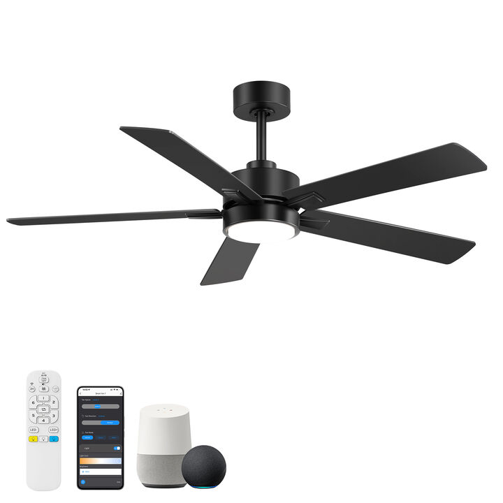 Breezary 52 Inch LED Ceiling Fan with Light, Tuya WiFi App Control, Dimmable 3CCT, 5 Blade Quiet Ceiling Fan
