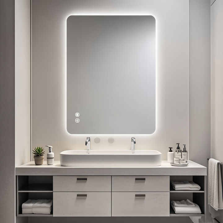 ELEMENT ACE Modern Rectangular Backlit Bathroom Mirror with Anti-Fog Technology and Adjustable Lighting