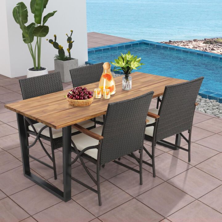 Hivvago 5 Pieces Patio Rattan Dining Set with Acacia Wood Tabletop and Armrests
