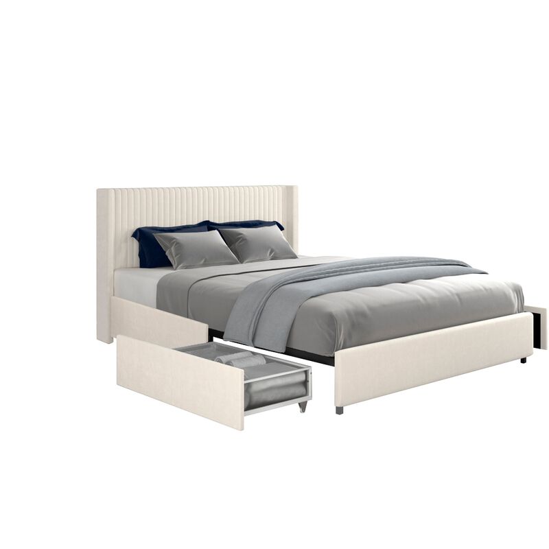Nia Queen Bed, 2 Storage Drawers, Wingback Tufted Ivory Velvet Headboard image number 2