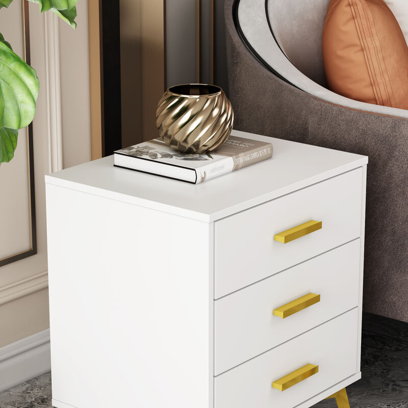 Modern Nightstand with 3 Storage Drawers & Gold Metal Legs, Minimalist and Versatile Bedside Table Sofa End Side Table, White (19.7" W x 15.7" D x 23.6" H)