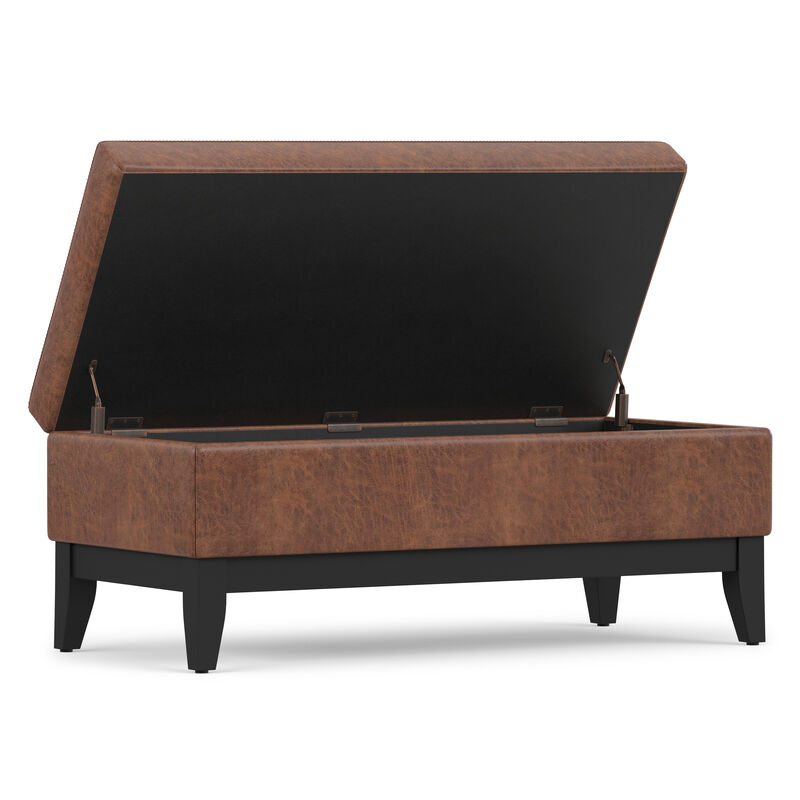 Oregon 42 inch Wide Transitional Rectangle Storage Ottoman Bench with Tray in Distressed Saddle Brown Vegan Faux Leather, Assembled image number 3