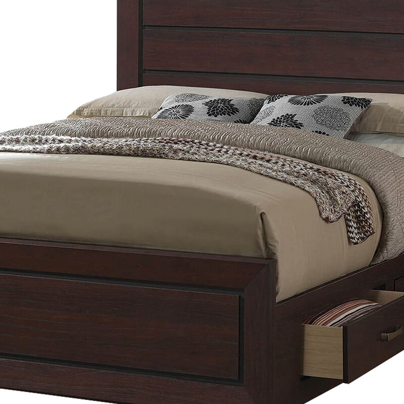 Wooden Queen Size Bed with 4 Spacious Side Rail Drawers, Dark Brown