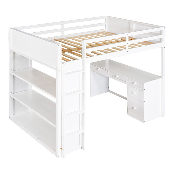 Full Size Loft Bed with Ladder, Shelves, and Desk, White
