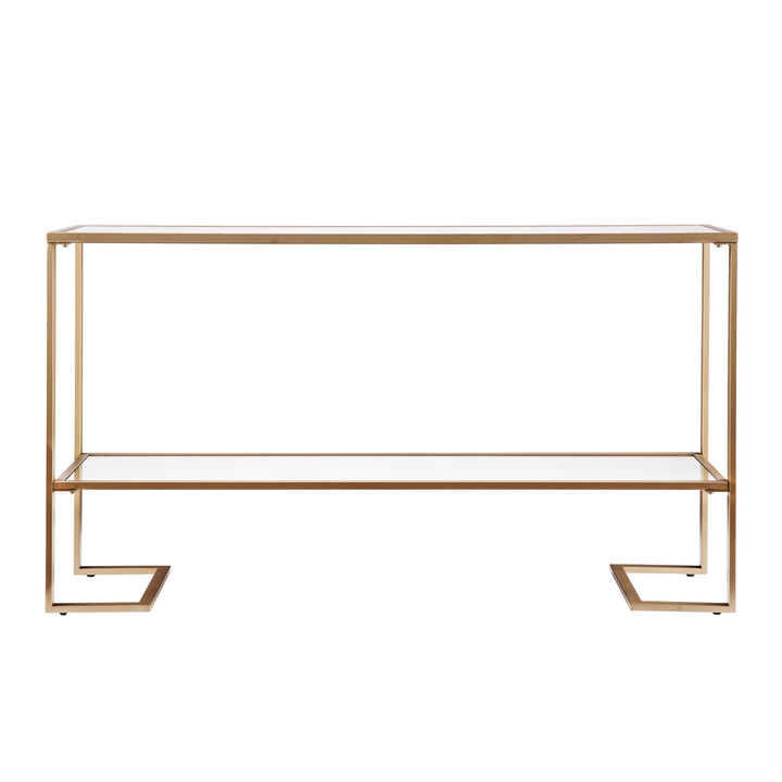 HomeRoots 52" Clear and Gold Mirrored Glass and Metal Sled Console Table With Shelf