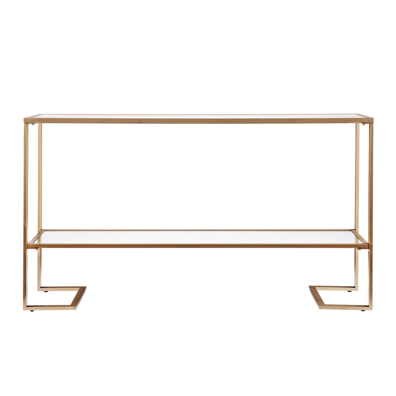 HomeRoots 52" Clear and Gold Mirrored Glass and Metal Sled Console Table With Shelf image number 0