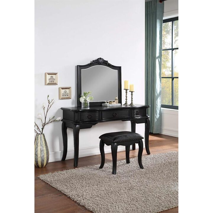 Contemporary Black Color Vanity Set w Stool Retro Style Drawers cabriole-tapered legs Mirror w floral crown molding Bedroom Furniture