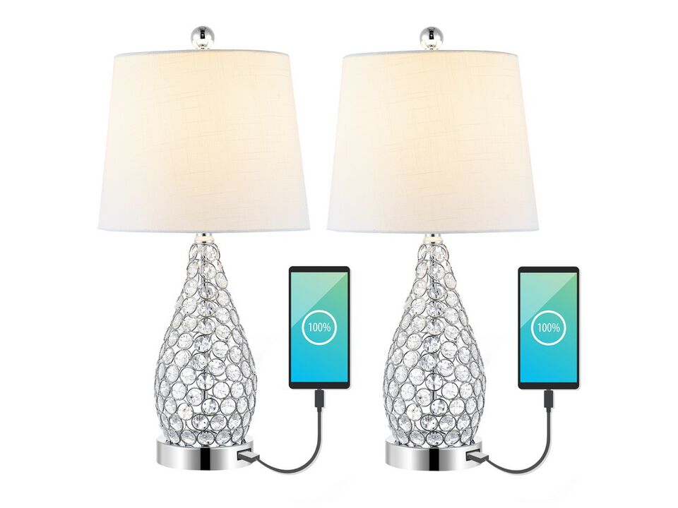 Lily 22.25" Midcentury Modern Iron LED Table Lamp with USB Charging Port, Clear (Set of 2)