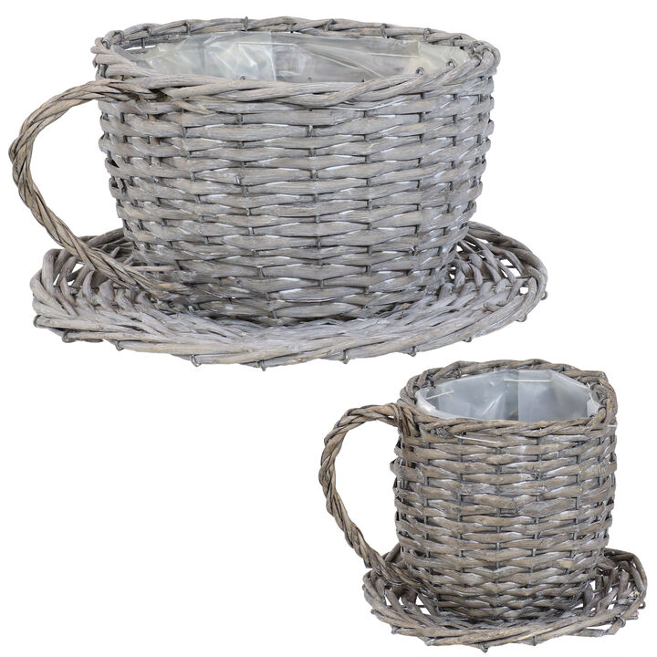 Sunnydaze Unique Rattan Wicker Coffee Cup/Teacup Shape Planters - Set of 2