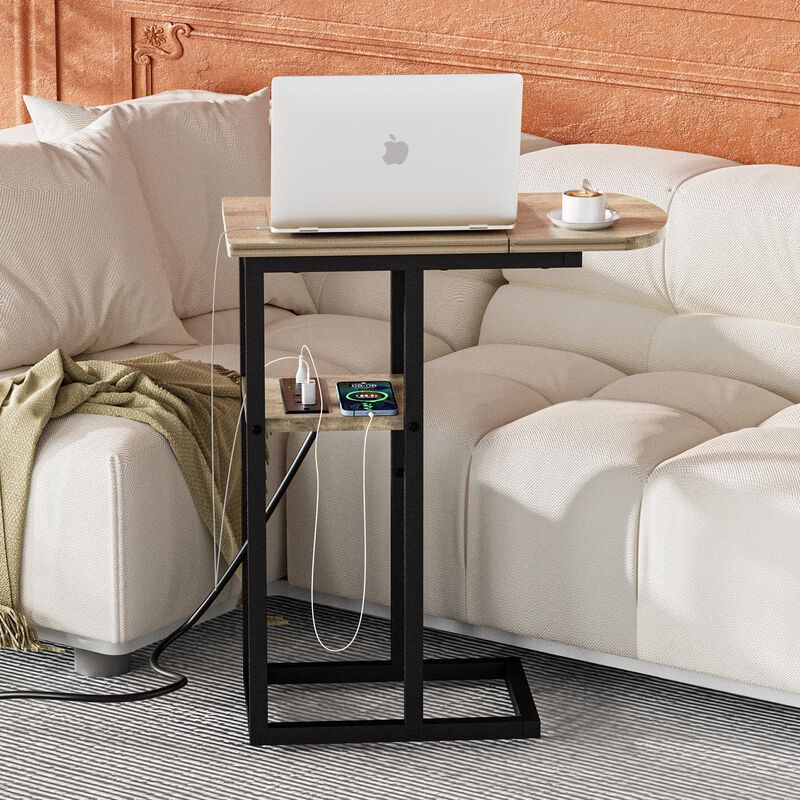 eiskah C Table End Table with Charging Station, Couch C Shaped Side Table for Living Room, Bedroom, Laptop Table with USB Ports