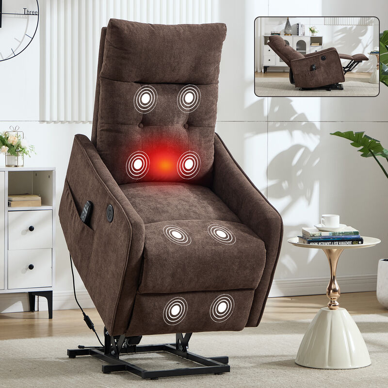 Chenille Single Motor Power Lift Recliner Chair with Heat Massage and USB Charging for Elderly