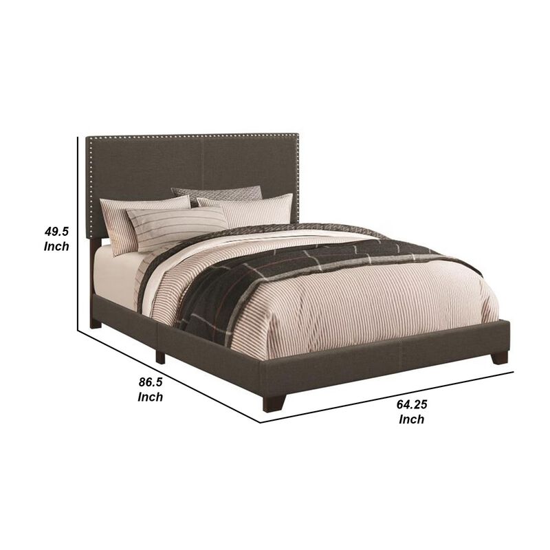 Fabric Upholstered Queen Size Platform Bed with Nail Head Trim, Charcoal Gray-Benzara image number 4
