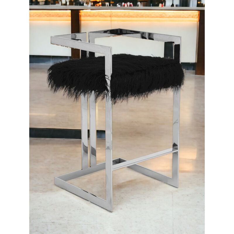 Pangea Home Kenzie Bar Stool Silver/Black Faux Fur