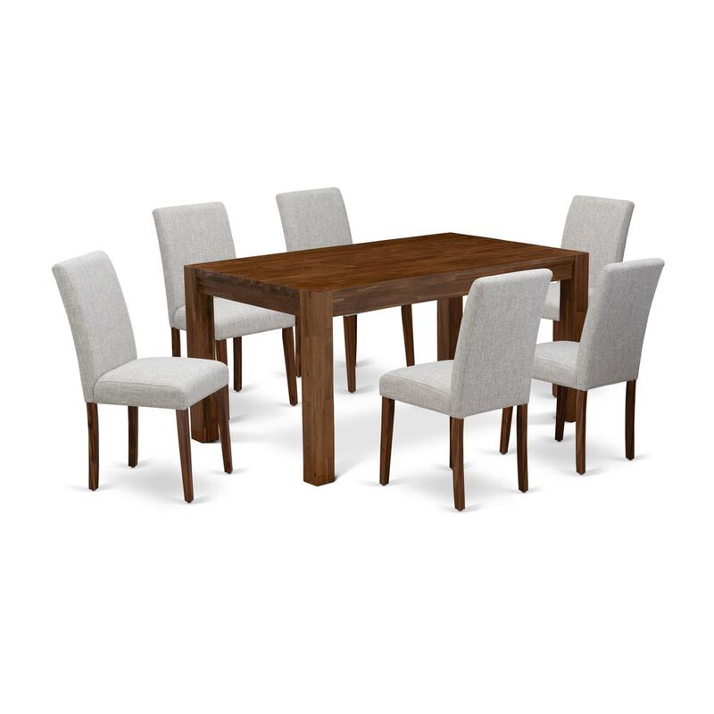 East West Furniture CNAB7-NN-35 7Pc Wood Dining Table Set Consists of a Wood Table and 6 Parsons Dining Room Chairs with Doeskin Color Linen Fabric, Medium Size Table with Full Back Chairs, Sand Blast