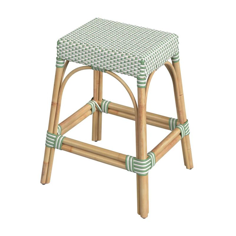 Butler Specialty Robias Rectangular Rattan 24.5 Counter Stool, White and Green Dot