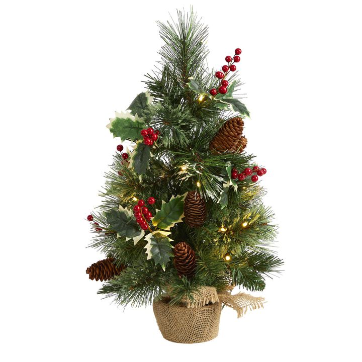 Nearly Natural 18-in Mixed Pine Artificial Christmas Tree with Holly Berries, Pinecones, 35 Clear LED Lights and Burlap Base