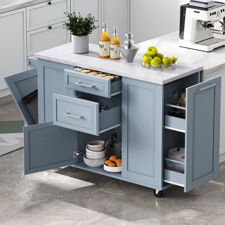 Merax Mobile Kitchen Island with Trash Cabinet & Drop Leaf &ndash; 2-Tier Pull-Out Organizer