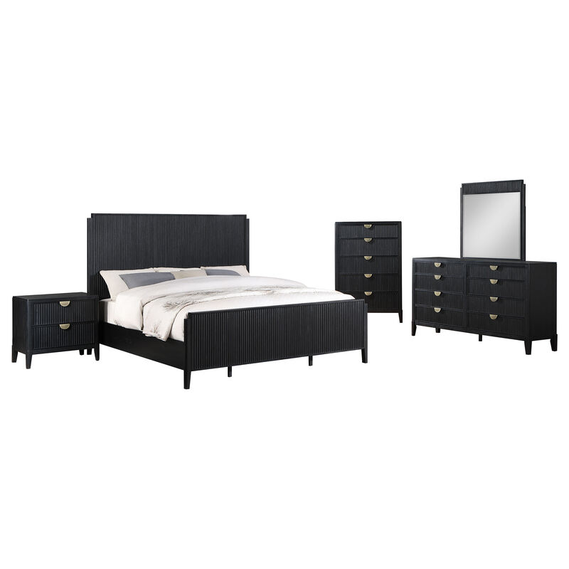 Jack 5pc Queen Bedroom Set, Fluted Black Wood, Dresser Chest, Mirror image number 0