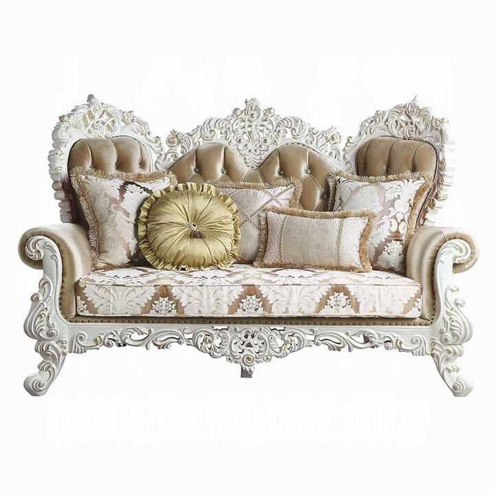 Kin Ornate Loveseat, 5 Accent Pillows, Tufted Tan, Antique White,  - Benzara - Benzara