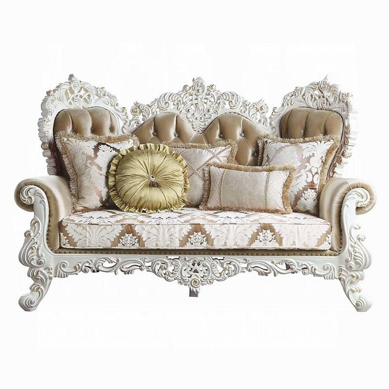 Kin Ornate Loveseat, 5 Accent Pillows, Tufted Tan, Antique White,  - Benzara - Benzara