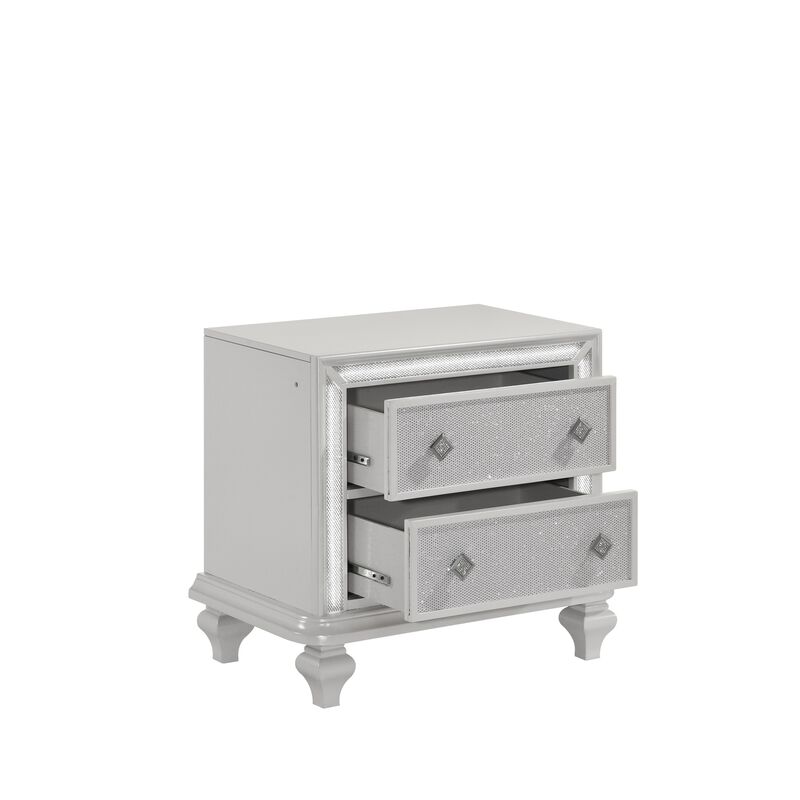 Stacy Nightstand with 2 Drawers and LED Lights, Silver and White Wood
